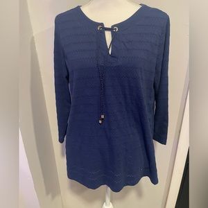 Jones NY Navy Blue Tie Front Eyelet Tunic Top